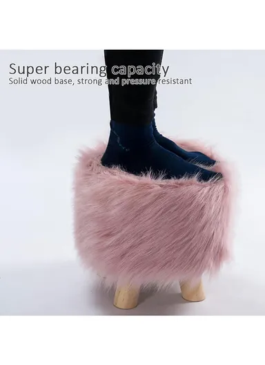 Simple Creative Long Faux Fur Small Stool Portable, Anti-Slip Top &amp; Space-Saving Design (D30 x H32)cm – Cream