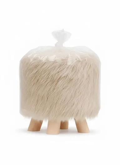 Simple Creative Long Faux Fur Small Stool Portable, Anti-Slip Top &amp; Space-Saving Design (D30 x H32)cm – Cream