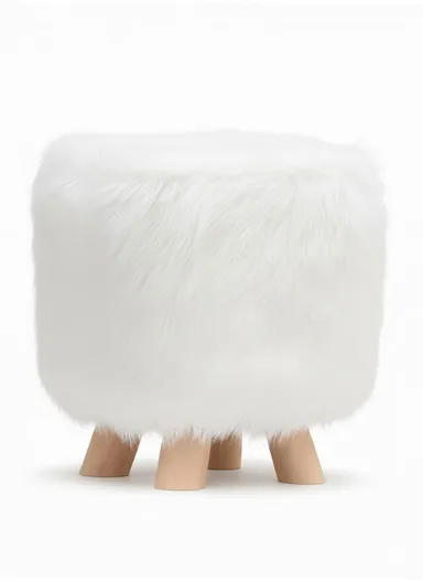 Simple Creative Long Faux Fur Small Stool Portable, Anti-Slip Top &amp; Space-Saving Design (D30 x H32)cm – White