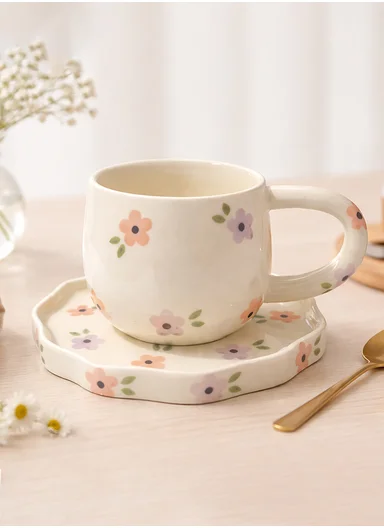 260ML Elegant Flowers Ceramic Mug &amp; Plate Set (D14 x H10)cm