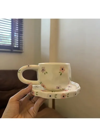 260ML Elegant Flowers Ceramic Mug &amp; Plate Set (D14 x H10)cm