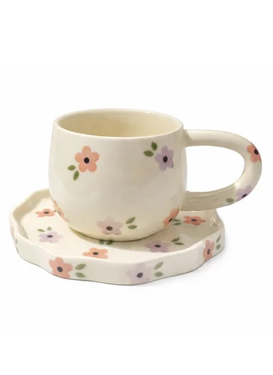 260ML Elegant Flowers Ceramic Mug &amp; Plate Set (D14 x H10)cm