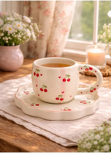 260ML Elegant Red Cherry Ceramic Mug &amp; Plate Set (D14 x H9)cm