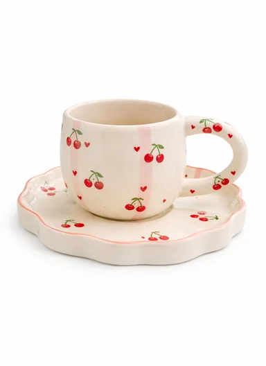 260ML Elegant Red Cherry Ceramic Mug &amp; Plate Set (D14 x H9)cm