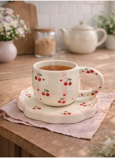 260ML Elegant Red Cherry Ceramic Mug &amp; Plate Set (D14 x H9)cm