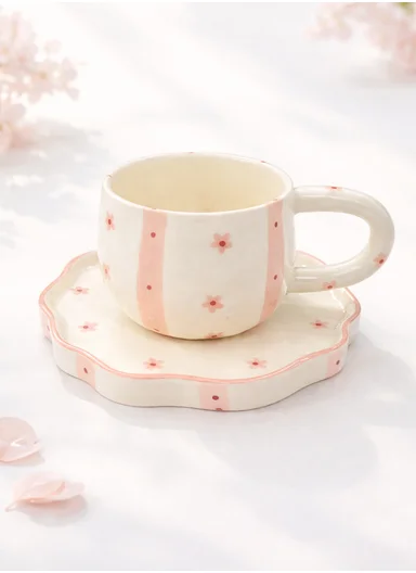 260ML Elegant Pink Floral Ceramic Mug &amp; Plate Set (D14 x H9)cm