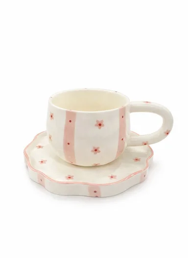 260ML Elegant Pink Floral Ceramic Mug &amp; Plate Set (D14 x H9)cm