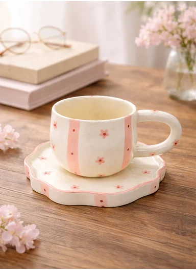 260ML Elegant Pink Floral Ceramic Mug &amp; Plate Set (D14 x H9)cm