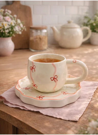 260ML Elegant Pink Bows Ceramic Mug &amp; Plate Set (D14 x H9)cm