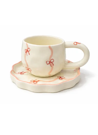 260ML Elegant Pink Bows Ceramic Mug &amp; Plate Set (D14 x H9)cm
