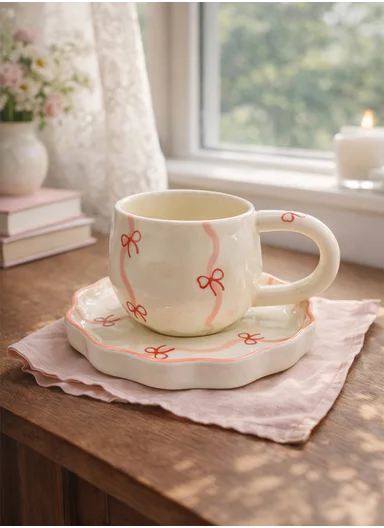 260ML Elegant Pink Bows Ceramic Mug &amp; Plate Set (D14 x H9)cm