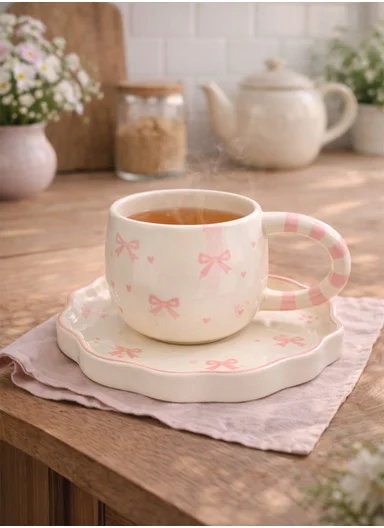 260ML Elegant Pink Bows Ceramic Mug &amp; Wavy Plate Set (D14 x H9)cm