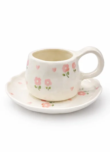 240ML Elegant Floral Ceramic Mug &amp; Plate Set (D15 x H9)cm - Pink