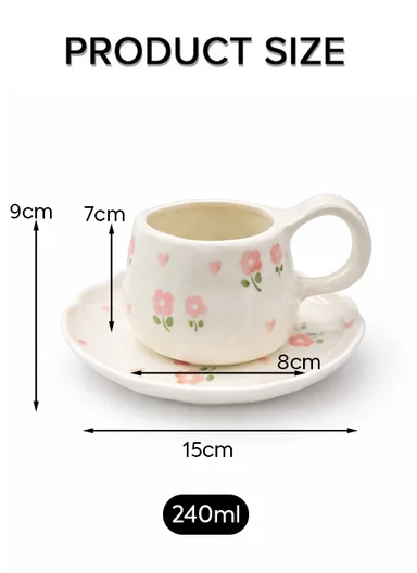 240ML Elegant Floral Ceramic Mug &amp; Plate Set (D15 x H9)cm - Pink