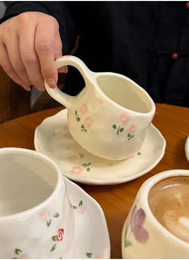 240ML Elegant Floral Ceramic Mug &amp; Plate Set (D15 x H9)cm - Pink