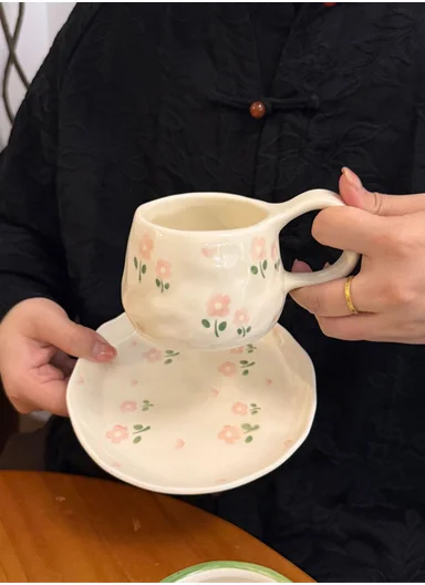 240ML Elegant Floral Ceramic Mug &amp; Plate Set (D15 x H9)cm - Pink