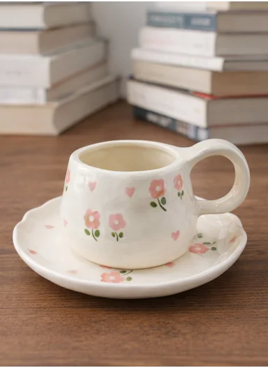 240ML Elegant Floral Ceramic Mug &amp; Plate Set (D15 x H9)cm - Pink