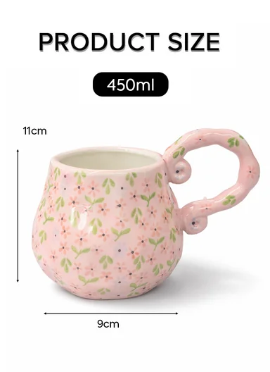 450ml Floral Ceramic Mug With Sculpted Decorative Handle (D9 x H11)cm
