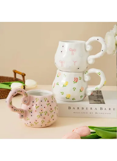 450ml Floral Ceramic Mug With Sculpted Decorative Handle (D9 x H11)cm