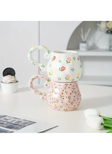 450ml Floral Ceramic Mug With Sculpted Decorative Handle (D9 x H11)cm