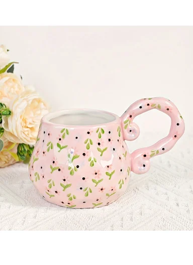 450ml Floral Ceramic Mug With Sculpted Decorative Handle (D9 x H11)cm
