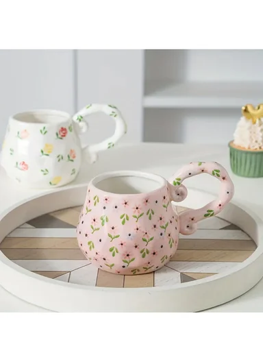 450ml Floral Ceramic Mug With Sculpted Decorative Handle (D9 x H11)cm