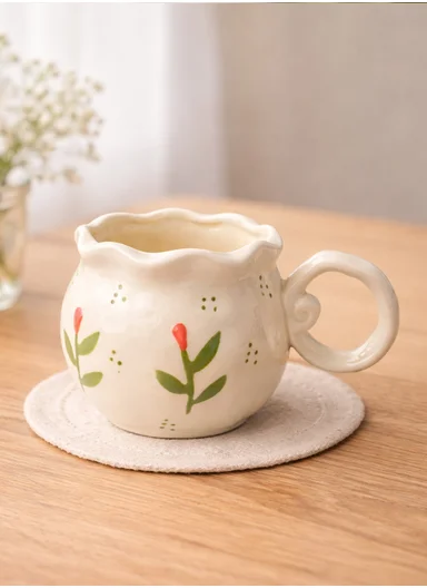 300ml Floral Tulip Heat-Retaining Ceramic Mug (D8 x H9)cm - Off White