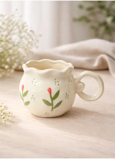300ml Floral Tulip Heat-Retaining Ceramic Mug (D8 x H9)cm - Off White