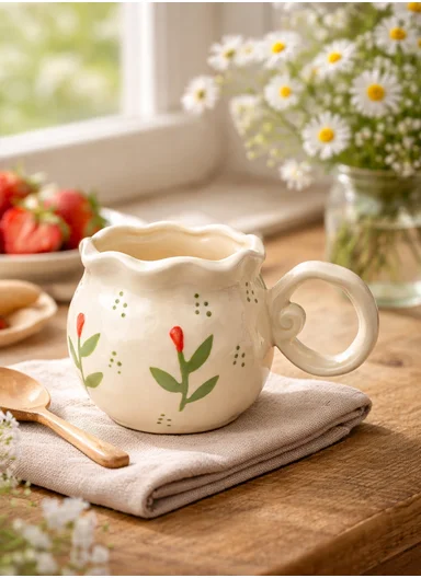 300ml Floral Tulip Heat-Retaining Ceramic Mug (D8 x H9)cm - Off White