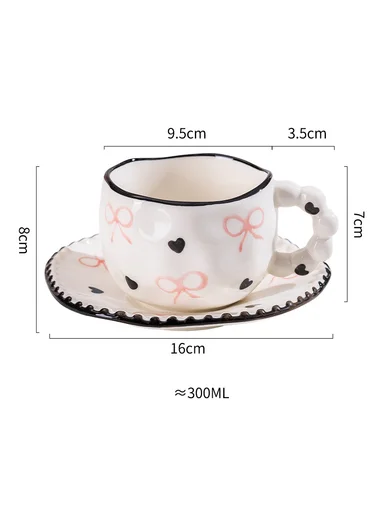 300ML Heart &amp; Bow Pattern Ceramic Mug, Saucer Set With Classic Black Rim - White &amp; Black