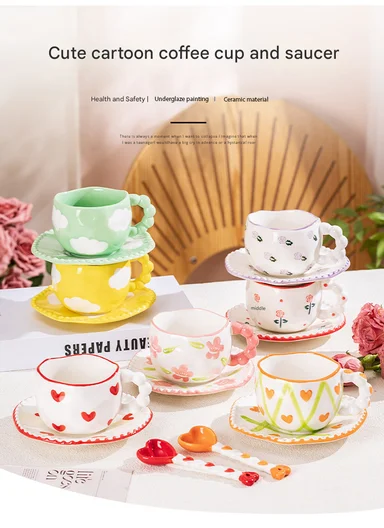 300ML Heart &amp; Bow Pattern Ceramic Mug, Saucer Set With Classic Black Rim - White &amp; Black