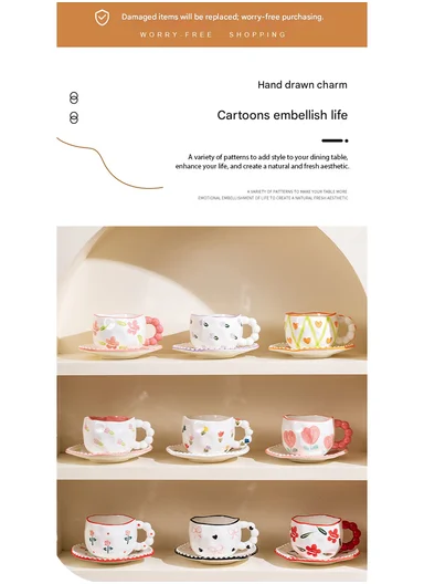 300ML Heart &amp; Bow Pattern Ceramic Mug, Saucer Set With Classic Black Rim - White &amp; Black