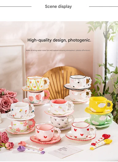 300ML Heart &amp; Bow Pattern Ceramic Mug, Saucer Set With Classic Black Rim - White &amp; Black