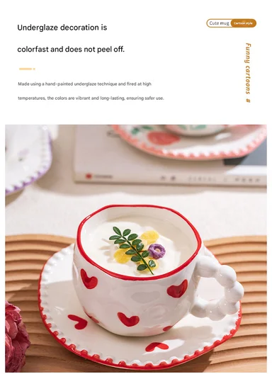 300ML Heart &amp; Bow Pattern Ceramic Mug, Saucer Set With Classic Black Rim - White &amp; Black