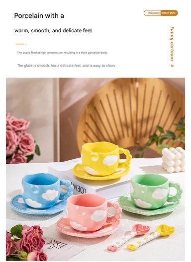 300ML Heart &amp; Bow Pattern Ceramic Mug, Saucer Set With Classic Black Rim - White &amp; Black