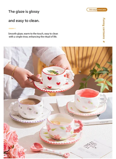 300ML Heart &amp; Bow Pattern Ceramic Mug, Saucer Set With Classic Black Rim - White &amp; Black