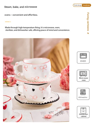 300ML Heart &amp; Bow Pattern Ceramic Mug, Saucer Set With Classic Black Rim - White &amp; Black