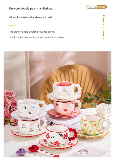 300ML Heart &amp; Bow Pattern Ceramic Mug, Saucer Set With Classic Black Rim - White &amp; Black