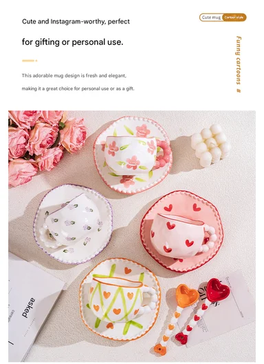 300ML Heart &amp; Bow Pattern Ceramic Mug, Saucer Set With Classic Black Rim - White &amp; Black