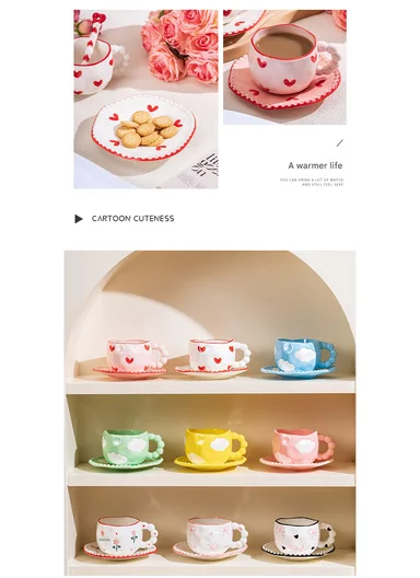 300ML Heart &amp; Bow Pattern Ceramic Mug, Saucer Set With Classic Black Rim - White &amp; Black