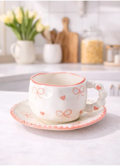 300ML Heart &amp; Bow Pattern Ceramic Mug, Saucer Set With Classic Black Rim - White &amp; Pink