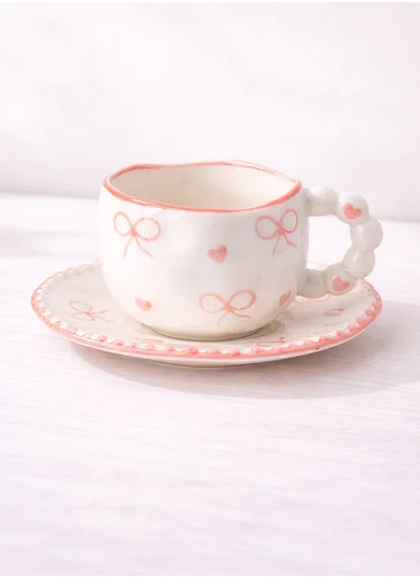 300ML Heart &amp; Bow Pattern Ceramic Mug, Saucer Set With Classic Black Rim - White &amp; Pink
