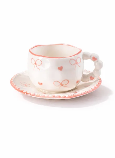 300ML Heart &amp; Bow Pattern Ceramic Mug, Saucer Set With Classic Black Rim - White &amp; Pink