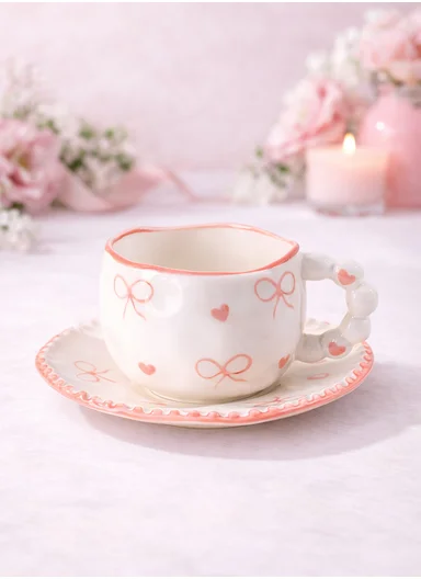 300ML Heart &amp; Bow Pattern Ceramic Mug, Saucer Set With Classic Black Rim - White &amp; Pink