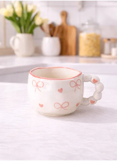 300ML Heart &amp; Bow Pattern Ceramic Mug, Saucer Set With Classic Black Rim - White &amp; Pink