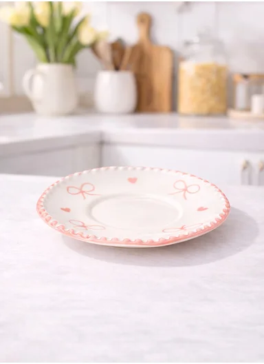 300ML Heart &amp; Bow Pattern Ceramic Mug, Saucer Set With Classic Black Rim - White &amp; Pink