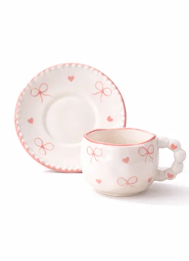300ML Heart &amp; Bow Pattern Ceramic Mug, Saucer Set With Classic Black Rim - White &amp; Pink