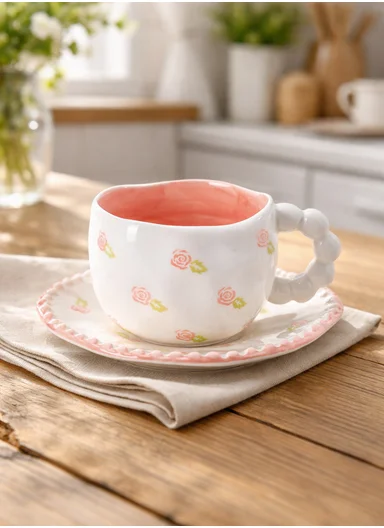 290ml Luxury Pink Floral Ceramic Mug &amp; Saucer Set With Elegant Handle (D16 x H9)cm