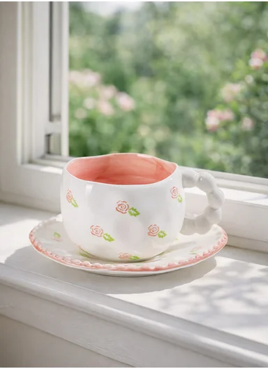 290ml Luxury Pink Floral Ceramic Mug &amp; Saucer Set With Elegant Handle (D16 x H9)cm