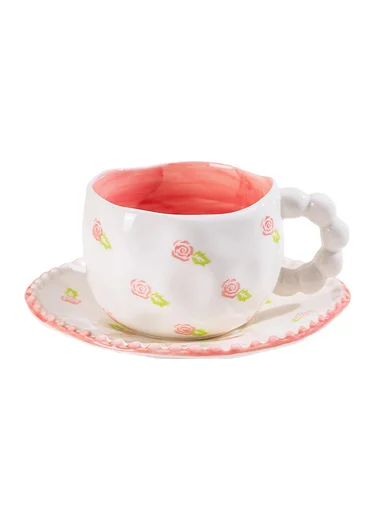 290ml Luxury Pink Floral Ceramic Mug &amp; Saucer Set With Elegant Handle (D16 x H9)cm